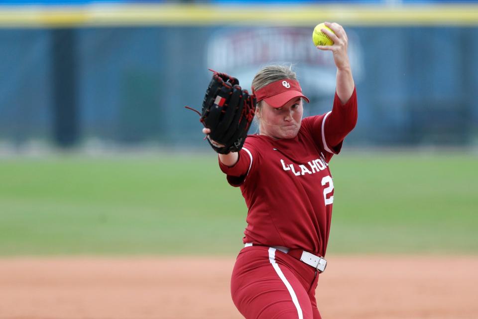 Oklahoma's Kelly Maxwell (28) pitches during a the Big 12 softball tournament championship game between the University of Oklahoma Sooners (OU) and Texas Longhorns at Devon Park in Oklahoma City, Saturday, May 11, 2024. Oklahoma won 5-1.