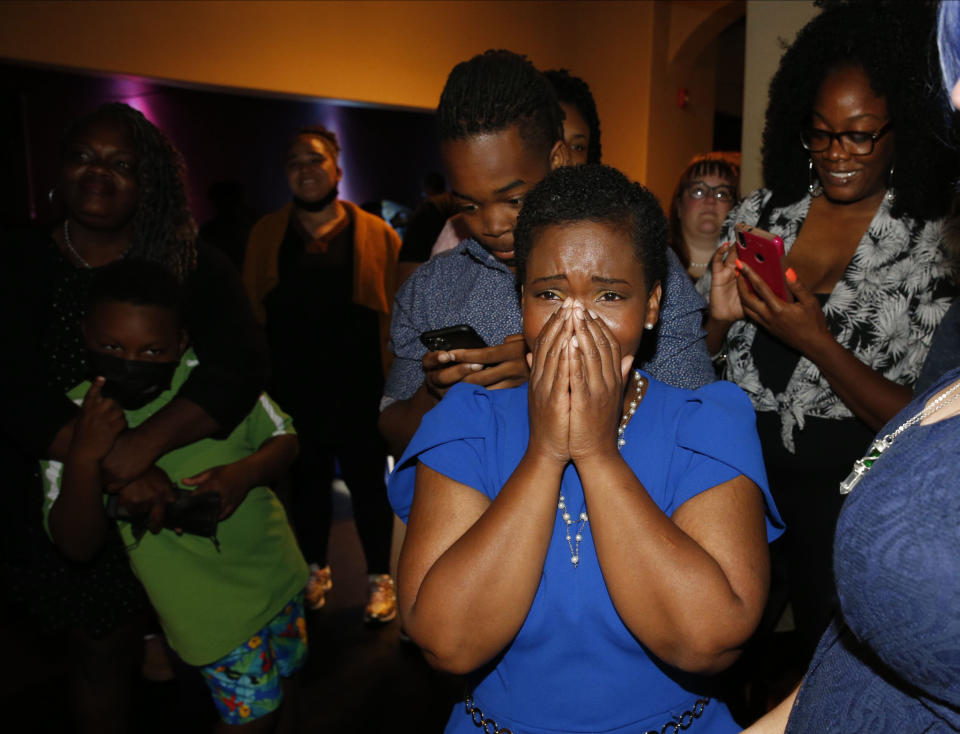 Democratic Buffalo mayoral primary candidate India Walton reacts while watching voting returns for the race against Byron Brown, Tuesday, June 22, 2021 in Buffalo, N.Y. (Robert Kirkham/The Buffalo News via AP)