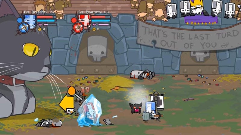 Two Castle Crashers players battle each other in a crowded arena.