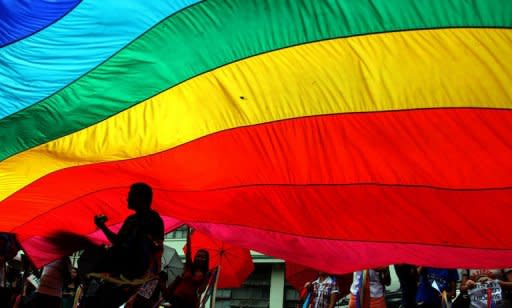 A gay activist is silhouetted on a rainbow flag during a rally at the University of the Philippines in the town of Los Banos, Laguna province, south of Manila. Gay sex in a conservative Catholic society where the influential church forbids the use of condoms is fuelling an alarming rise of HIV infections in the Philippines, experts warn