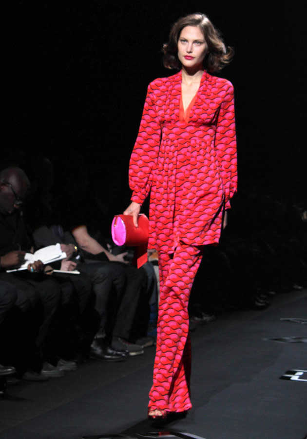 <b>Diane Von Furstenburg AW 13 runway show<br><br></b>Long tops over matching trousers were a theme at DVF's show, with this model showcase a vibrant designed version.<br><br>©Rex<b><br></b>