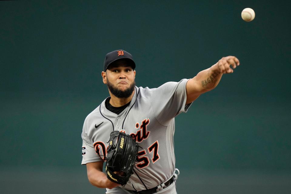 Detroit Tigers starting pitcher Eduardo Rodriguez throws during the first inning of a baseball game against the Kansas City Royals at Kauffman Stadium in Kansas City, Missouri, on Wednesday, July 19, 2023.