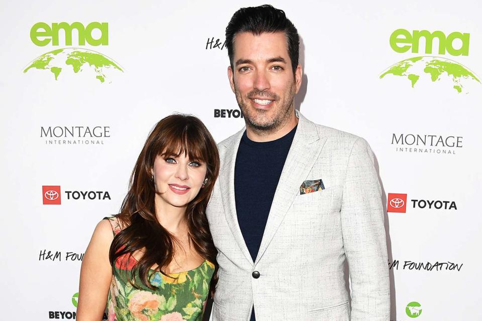 Zooey Deschanel and Jonathan Scott arrives at GEARBOX LA on October 16, 2021 in Los Angeles, California.