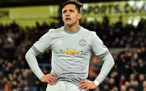 Manchester United's Chilean striker Alexis Sanchez gestures to the linesma after a challange from Crystal Palace's English defender James Tomkins (unseen) during the English Premier League football match between Crystal Palace and Manchester United at Selhurst Park - Credit: Getty Images