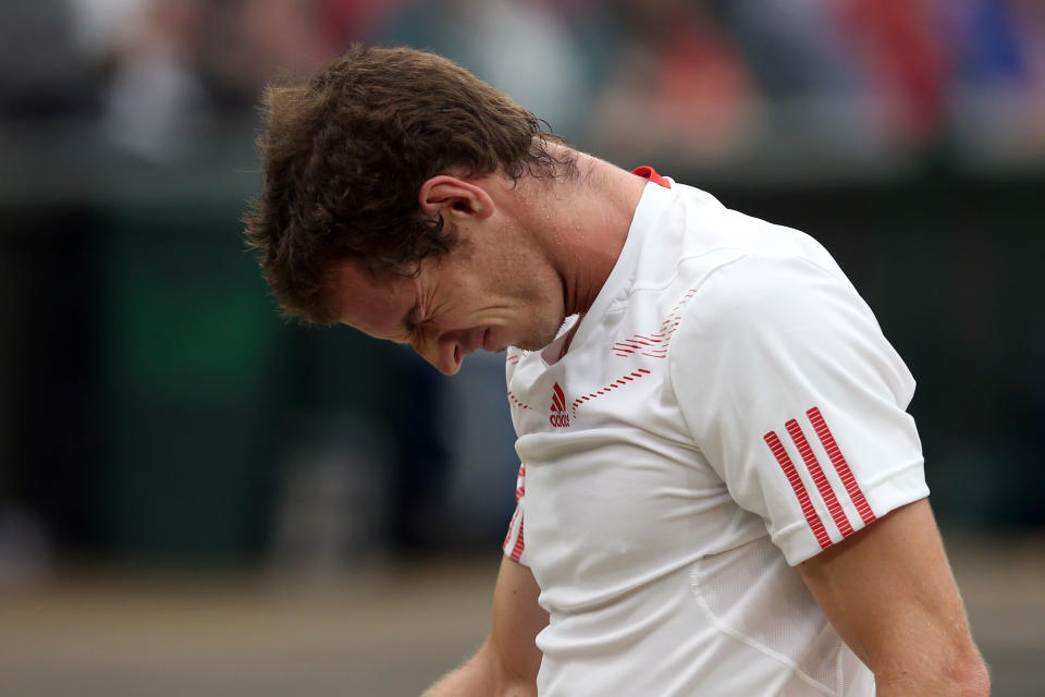 Andy Murray of Great Britain reacts during his Gentlemen's Singles final match against Roger Federer at Wimbledon.