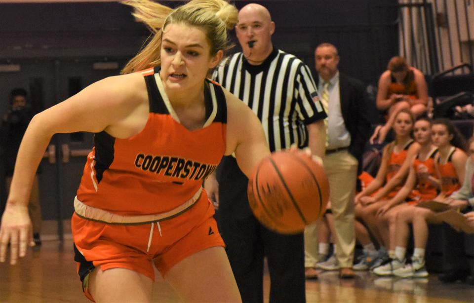 Cooperstown Hawkeye Dani Seamon makes her move to the basket againsty the Little Falls Mounties during a Jan. 12 game in Little Falls.