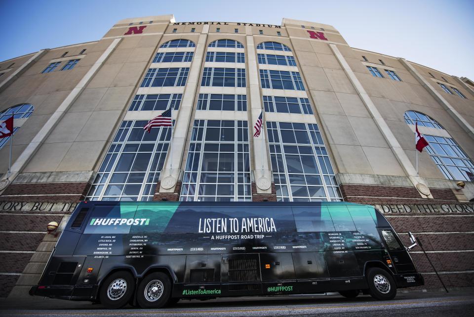 The HuffPost tour bus sits in front of Memorial Stadium during HuffPost's visit to Lincoln, Nebraska, on Oct. 11, 2017, as part of Listen To America: A HuffPost Road Trip. The outlet will visit more than 20 cities on its tour across the country.