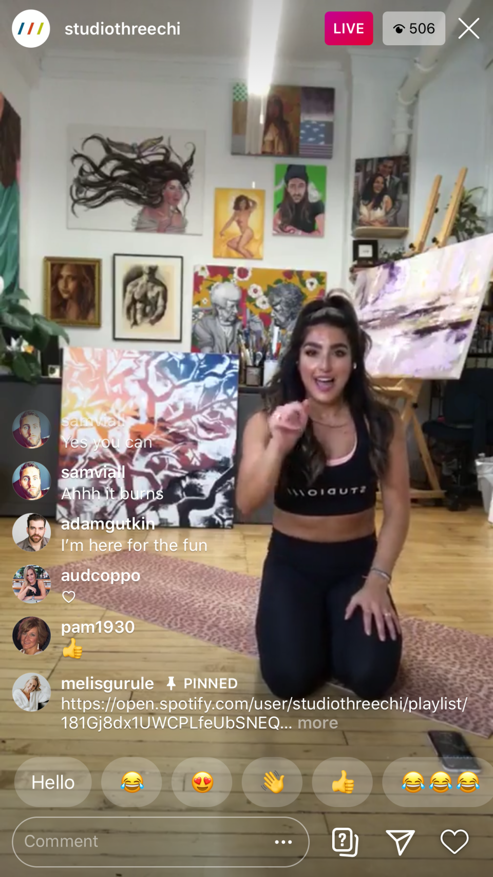 Yoga instructor (and artist) Tracee Badway teaches an Instagram Live class for followers of Studio Three's account, @studiothreechi.