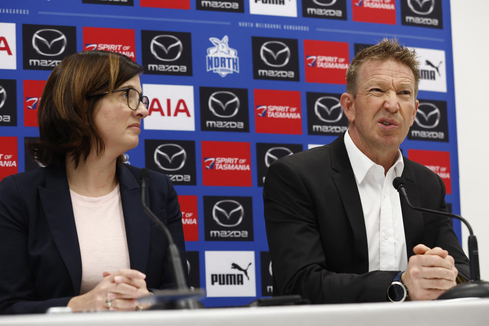 Sonja Hood and David Noble, pictured here speaking to the media at Arden Street.