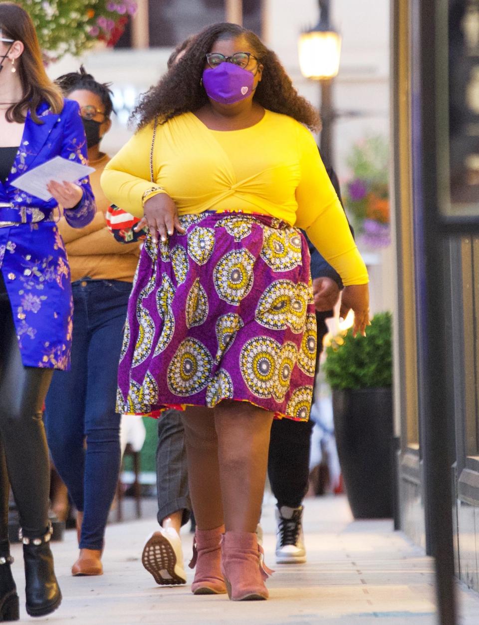 <p>Gabourey Sidibe is spotted out and about in a yellow and purple outfit on Monday in Beverly Hills.</p>