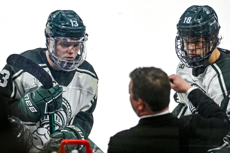 Michigan State's Tiernan Shoudy, left, and Joey Larson, right, talk to head coach Adam Nightingale during a game earlier this season.