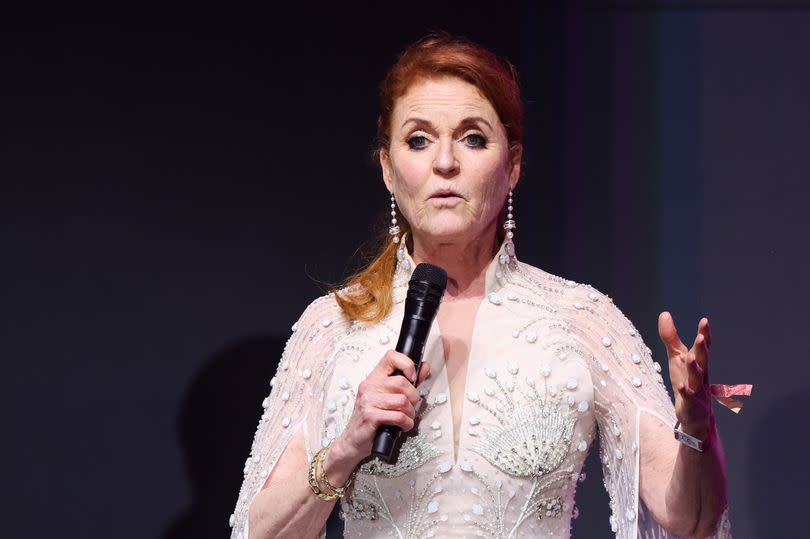 Sarah Ferguson, Duchess of York speaks on stage during the amfAR Cannes Gala