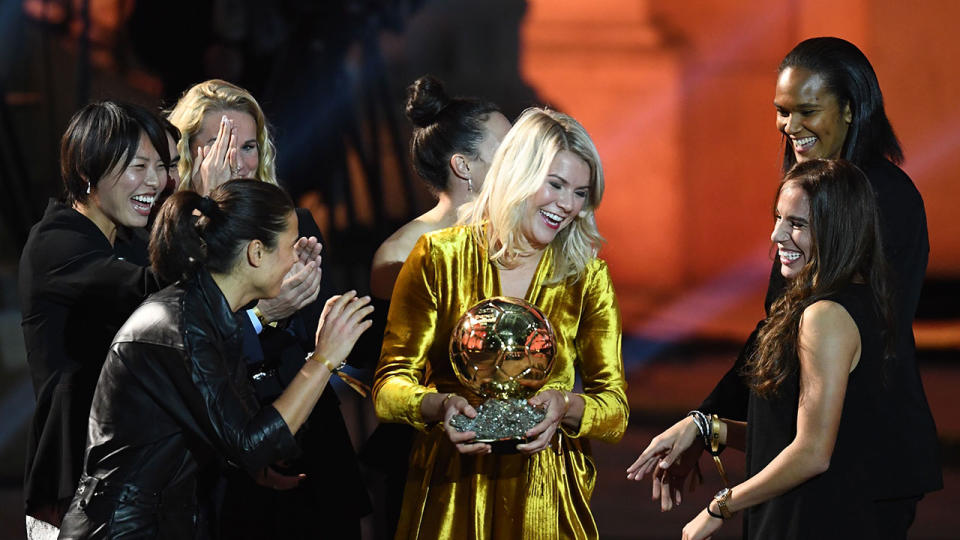 Hegerberg is congratulated by her peers after winning the women’s Ballon d’Or. Pic: Getty