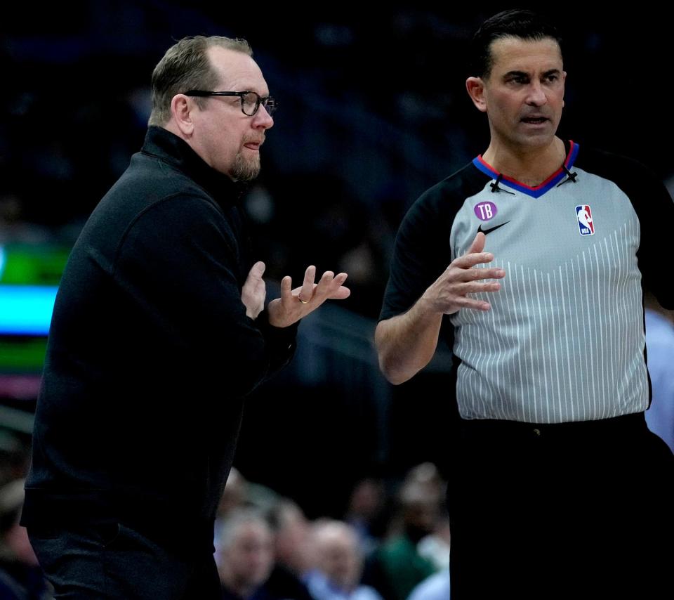 Toronto Raptors head coach Nick Nurse argues a call during the third quarter of the Bucks 118-111 win at Fiserv Forum in Milwaukee on Sunday, March 19, 2023.