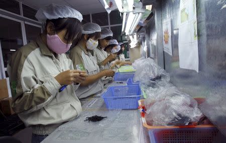 Women work at a plastic factory, which makes plastic parts for electronic production, in Que Vo district, outside Hanoi, in this May 20, 2011 file photo. REUTERS/Kham/Files