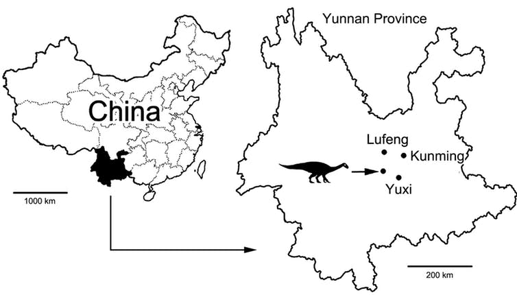 <span class="caption">Map showing the location of the dinosaur fossil discovery.</span> <span class="attribution"><span class="source">Lida Xing</span></span>