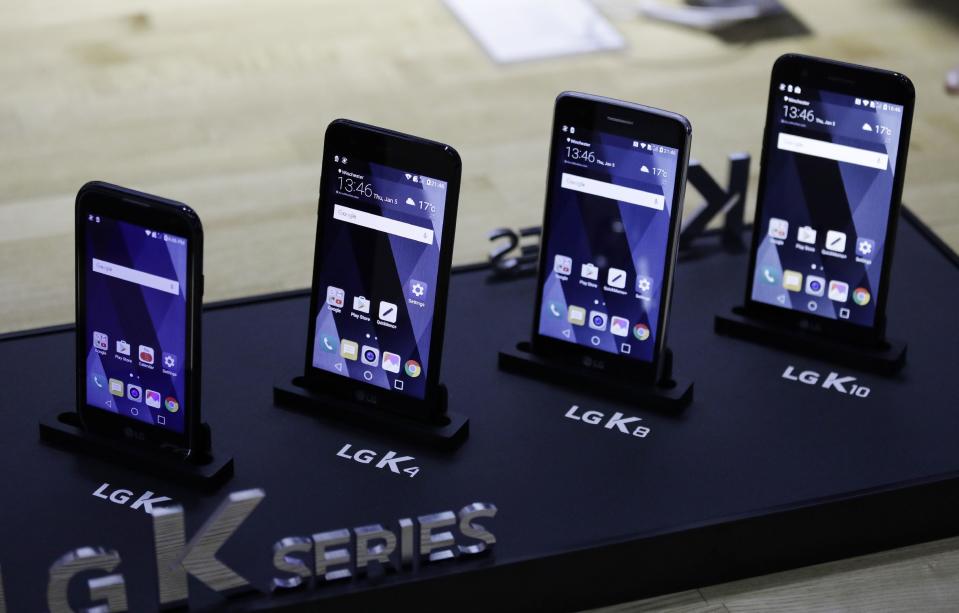 LG K series phones are on display at the LG booth during CES International, Thursday, Jan. 5, 2017, in Las Vegas. (AP Photo/John Locher)