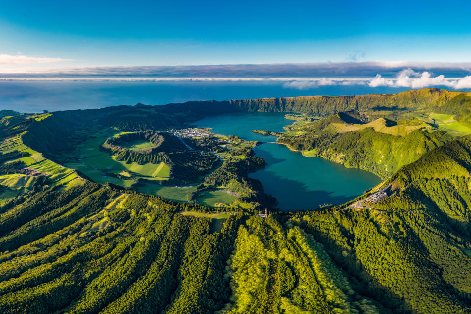 An aerial view of Sete Cidades, Portugal