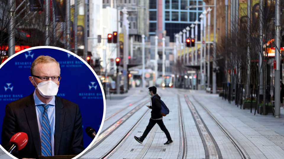 Image of pedestrian walking through Sydney CBD; image of masked RBA Governor Philip Lowe