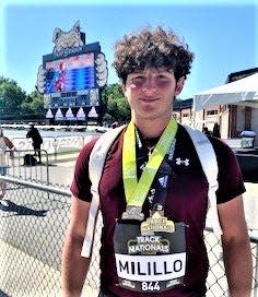 Chris Milillo of Iona Prep after winning the boys championship hammer  throw title at Adidas Outdoor Nationals June 18, 2022.