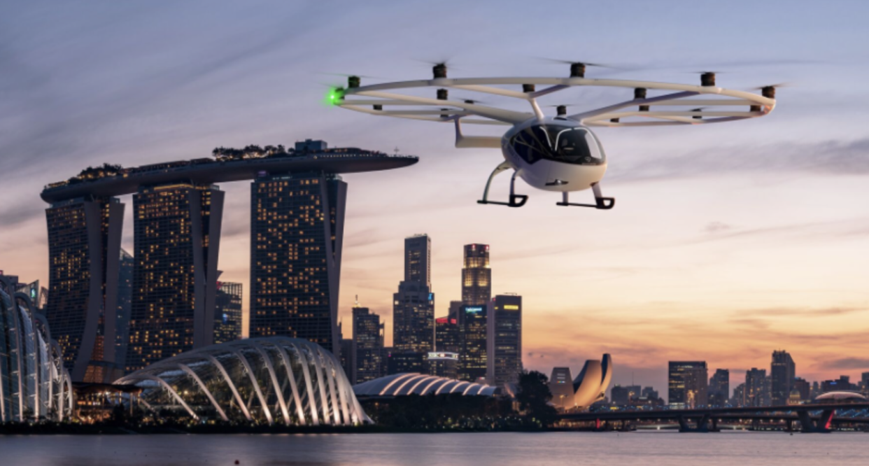 A Volocopter air taxi flying over Marina Bay area. (PHOTO: Volocopter)