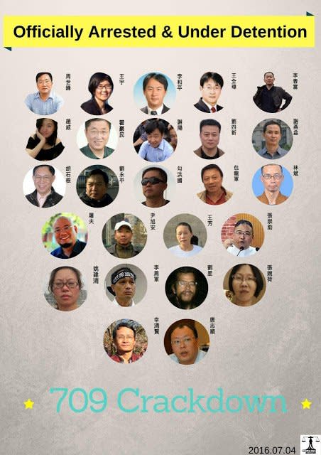中國官方2015年7月9日起在境內展開一連串逮捕自由派律師的行動，被稱為「709事件」。(資料照片/ 獨立中文筆會)