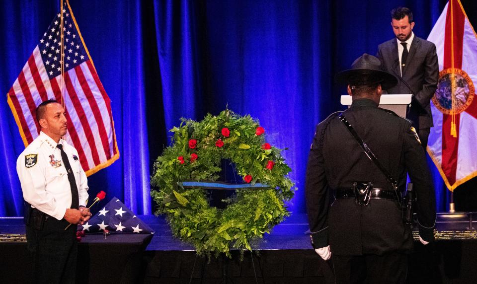 A fallen deputy is honored at The Lee County Sheriff's Office Fallen Deputies Memorial Service at the Caloosa Sound Convention Center in Fort Myers on Tuesday, May 14, 2024. Eleven fallen deputies were honored during the ceremony.