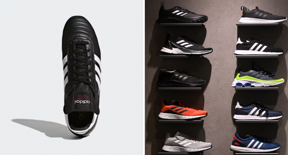 Left - an adidas shoe made from K-leather. Right - a number of other Adidas shoes.