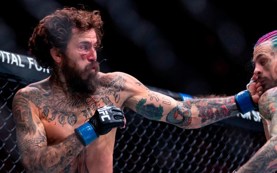 Sean O’Malley of the United States fights against Marlon Vera of Ecuador during their bantamweight title match during the UFC 299 event at the Kaseya Center on Saturday, March 9, 2024, in downtown Miami, Fla.