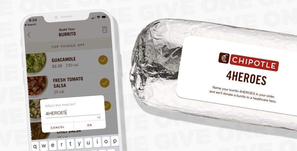 Chipotle says it will donate burritos to "healthcare heroes" when consumers name their online order 4HEROES from April 21-26.