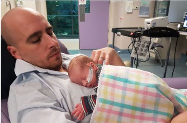 The arrival of Lachlan (pictured) and his sisters on June 19 was a special present for Dad Ben, with the trio born on his 34th birthday. Picture: Ben Darmody