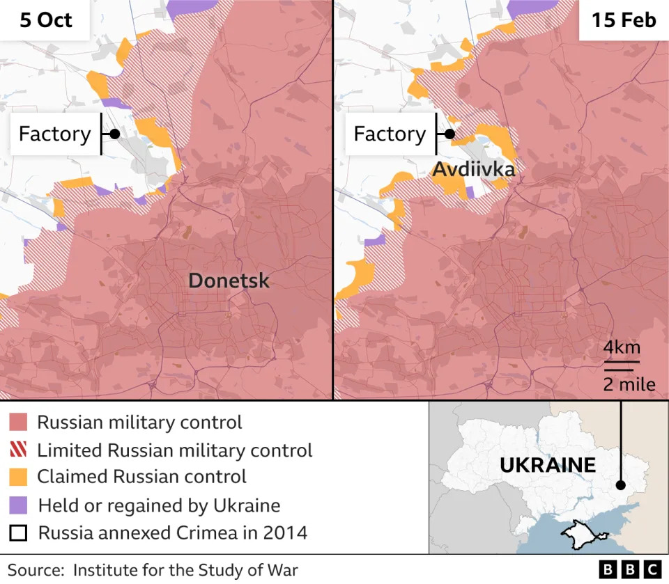 Before and after map showing positions around Avdiivka