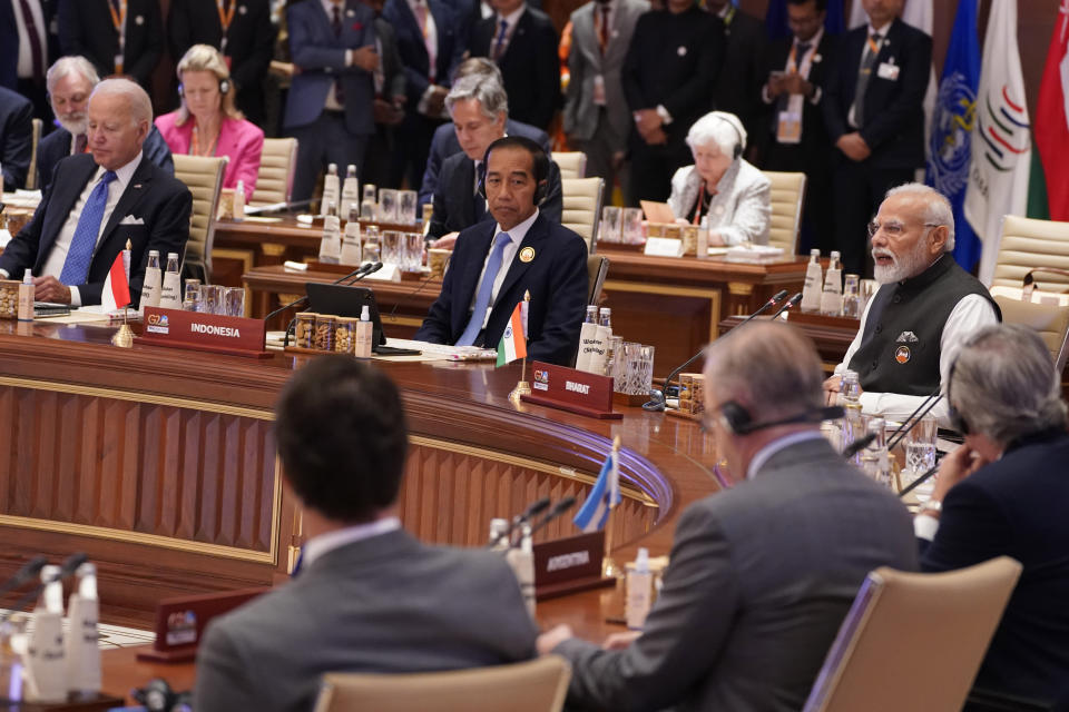 Indian Prime Minister Narendra Modi speaks during the first session of the G20 Summit, in New Delhi, India, Saturday, Sept. 9, 2023. (AP Photo/Evan Vucci,Pool)