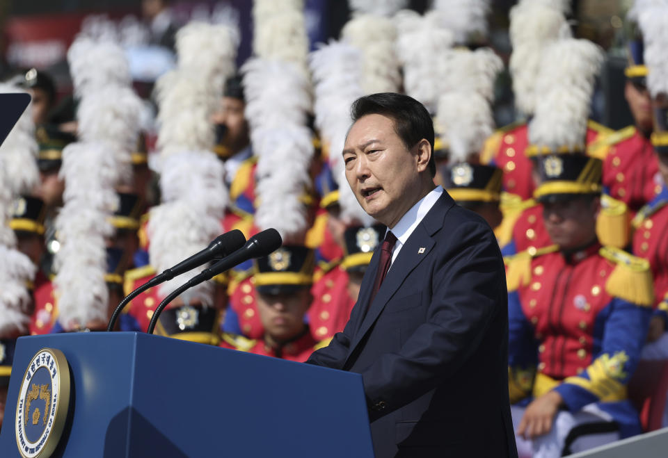 South Korean President Yoon Suk Yeol speaks during the 74th anniversary of Armed Forces Day at the Gyeryong military headquarters in Gyeryong, South Korea, Saturday, Oct. 1, 2022. (Suh Myung-geon/Yonhap via AP)