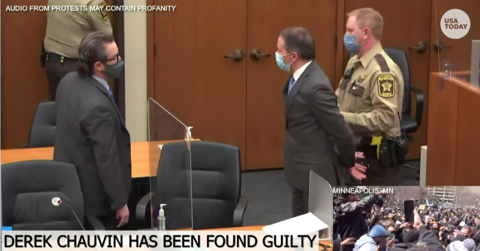 Former Minneapolis police officer Derek Chauvin, second from right, is led out of the courtroom in handcuffs after being convicted in connection with the death of George Floyd.