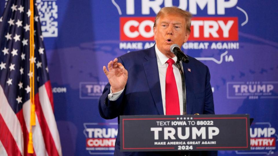 PHOTO: Former President Donald Trump speaks during a Commit to Caucus rally, Dec. 2, 2023, in Ankeny, Iowa. (Matthew Putney/AP)