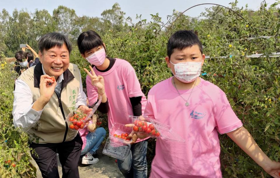 教育局長鄭新輝（圖左）與學生體驗採番茄。（教育局提供）