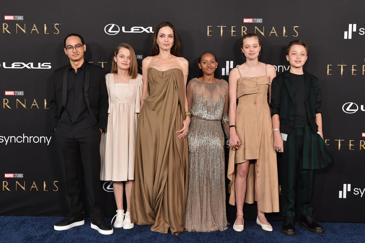 Angelina Jolie brought her children, Maddox, Vivienne, Zahara, Shiloh and Knox to the Eternals premiere. (Photo: Getty Images)