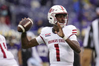 Arkansas State quarterback James Blackman passes against Washington in the first half of an NCAA college football game, Saturday, Sept. 18, 2021, in Seattle. (AP Photo/Elaine Thompson)