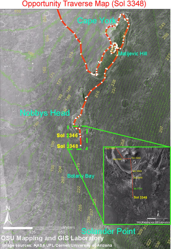 This driving map of NASA's Opportunity rover shows its path on Mars after driving for 3,348 Martian days, or sols. The path carried Opportunity from a point called Cape York toward its next destination, Solander Point. Image released in July 20