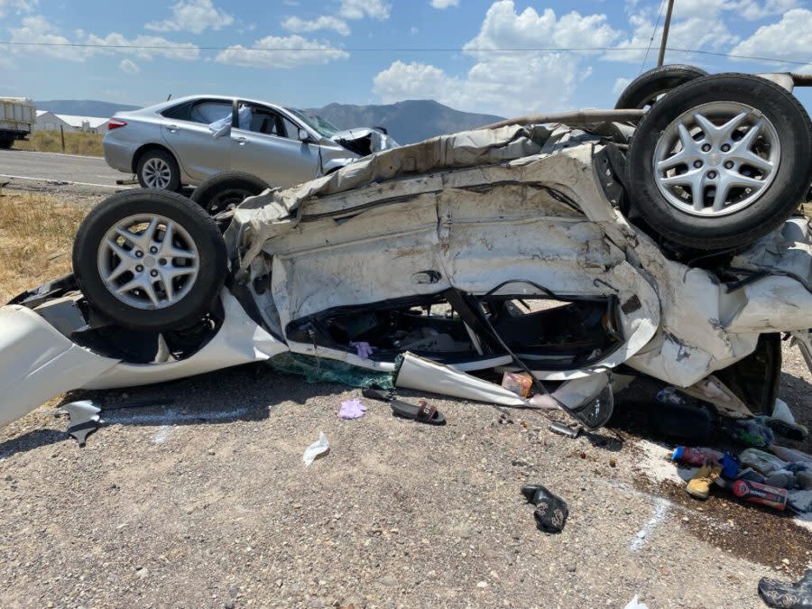 A deadly car crash in Sanpete County on Monday, July 15, 2024, killed two people and left three others with non-life-threatening injuries. (Courtesy: Utah Department of Public Safety)