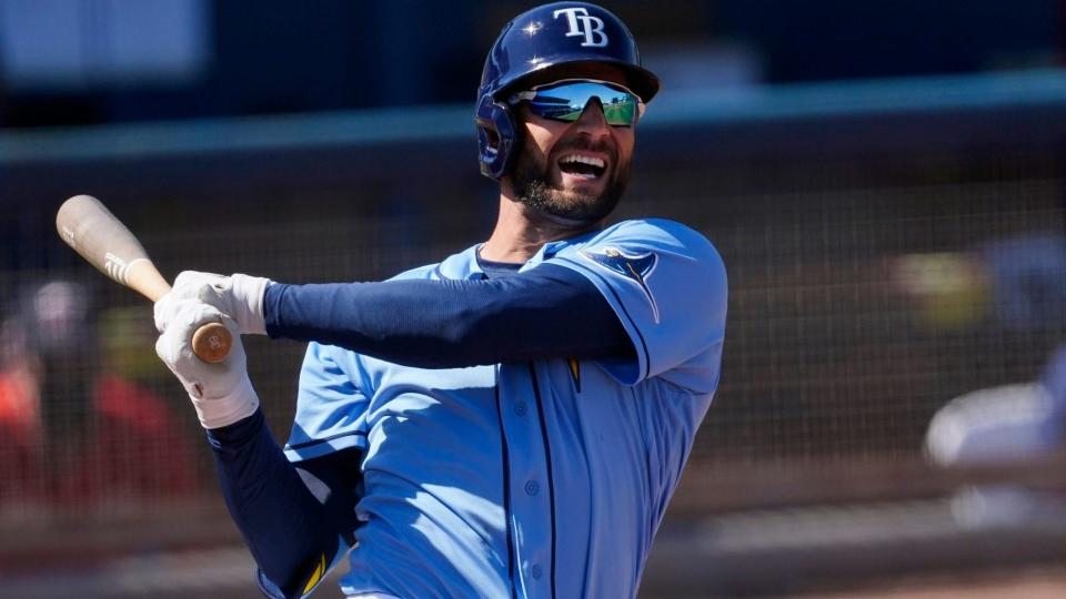 Mandatory Credit: Photo by John Bazemore/AP/Shutterstock (11798832m)Tampa Bay Rays center fielder Kevin Kiermaier (39) reacts after fouling a ball off his foot during the sixth inning of a spring training baseball game, in Port Charlotte, FlaTwins Rays Baseball, Port Charlotte, United States - 13 Mar 2021.