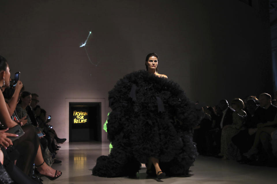 Model Isabeli Fontana walks the runway at the Fashion For Relief charity event in central London, Saturday, Sept. 14, 2019. (Photo by Vianney Le Caer/Invision/AP)