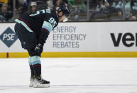 Seattle Kraken forward Andre Burakovsky skates off the ice after the team's 4-1 loss to the Nashville Predators in an NHL hockey game Saturday, March 16, 2024, in Seattle. (AP Photo/Stephen Brashear)