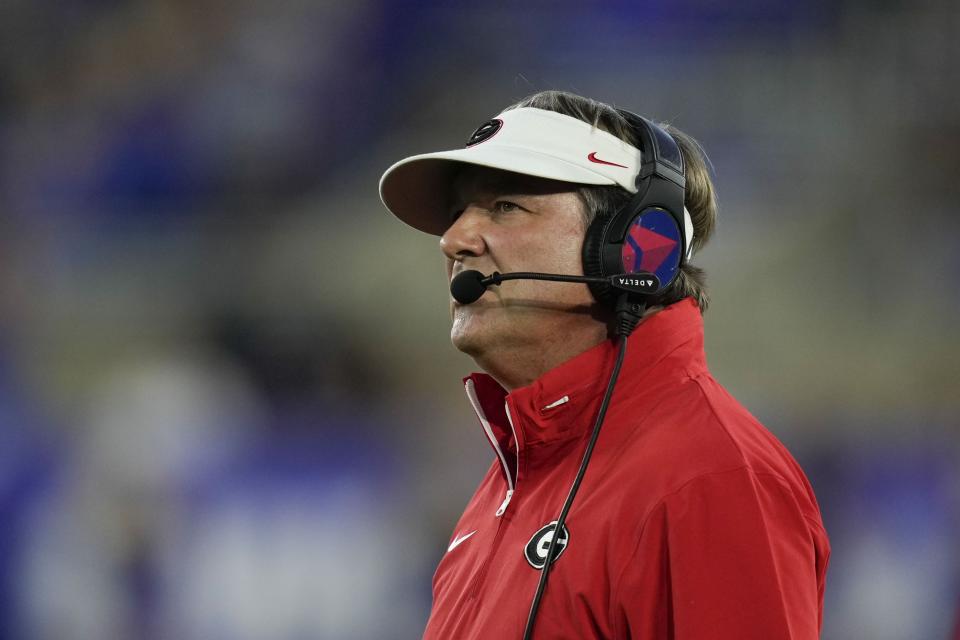 Georgia head coach Kirby Smart looks on during the first half of an NCAA college football game against Kentucky, Saturday, Sept. 14, 2024, in Lexington, Ky. (AP Photo/Darron Cummings)