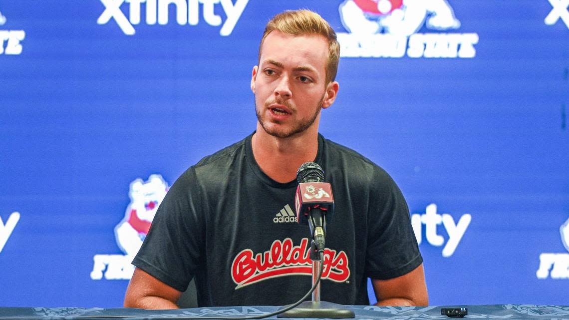 Fresno State Bulldogs quarterback Jake Haener answers questions from the media during a weekly news conference in the athletic department’s Josephine Theater at Fresno State on Saturday, Aug. 27, 2022.