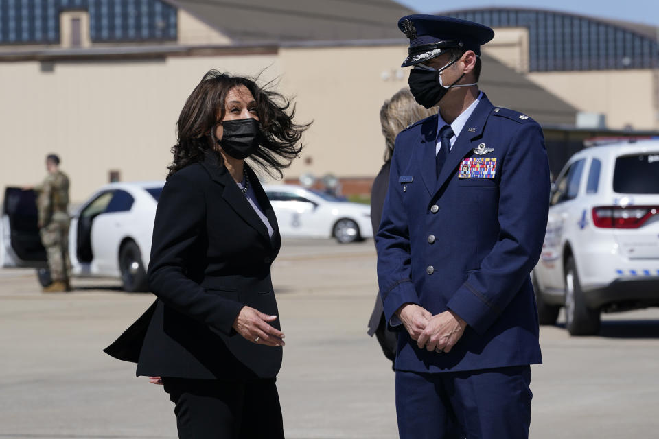 Vice President Kamala Harris arrives to board Air Force Two at Andrews Air Force Base, Md., Friday, March 26, 2021. Harris is traveling to Connecticut to hold a listening session at the Boys & Girls Club of New Haven on how the American Rescue Plan addresses child poverty and education. (AP Photo/Susan Walsh)