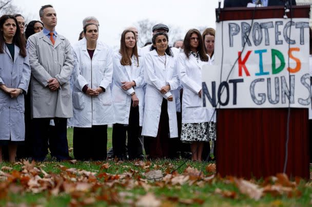 PHOTO: Medical professionals listen as Dr. Roy Guerrero, a physician from Uvalde, Texas, speaks at a press conference on gun control on Capitol Hill, Dec. 7, 2022 in Washington, D.C. (Anna Moneymaker/Getty Images)