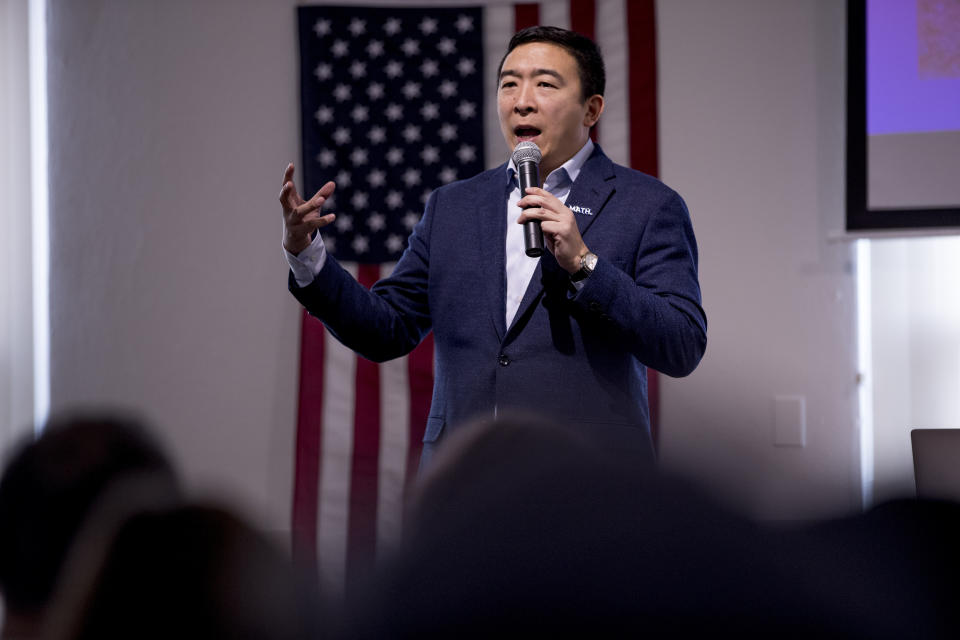 Democratic presidential candidate Andrew Yang speaks as he presents a power point presentation at a campaign stop at the Octagon Center For the Arts, Tuesday, Jan. 14, 2020, in Ames, Iowa. (AP Photo/Andrew Harnik)