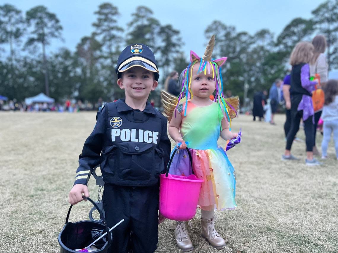 Layton Mosely, 6, and his 2-year-old sister Alivia at the Bluffton Police Department’s second annual Spooktacular Friday at Oscar Frazier Park.